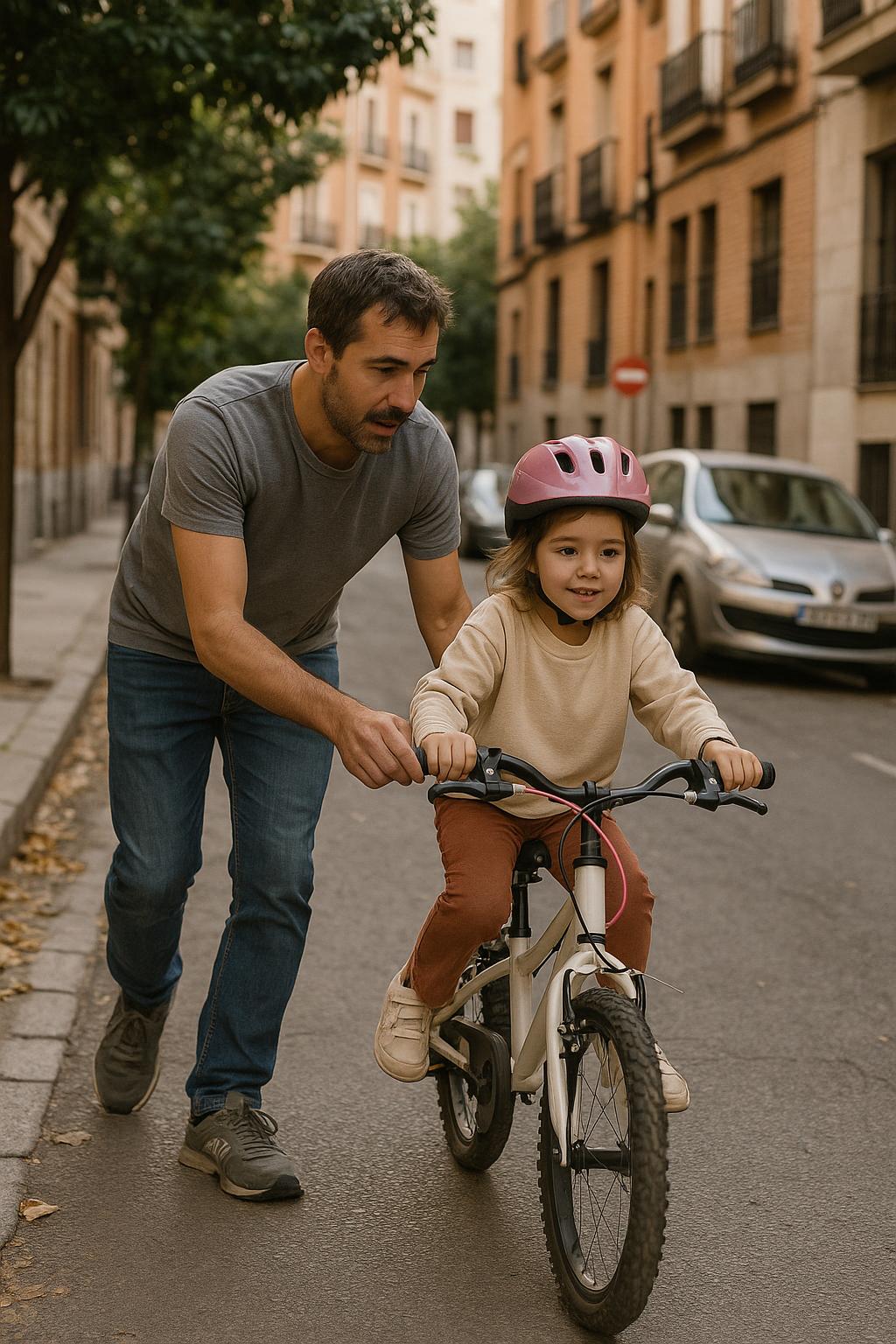 Persona adulta enseñando a una niña a montar en bici en una escena cotidiana