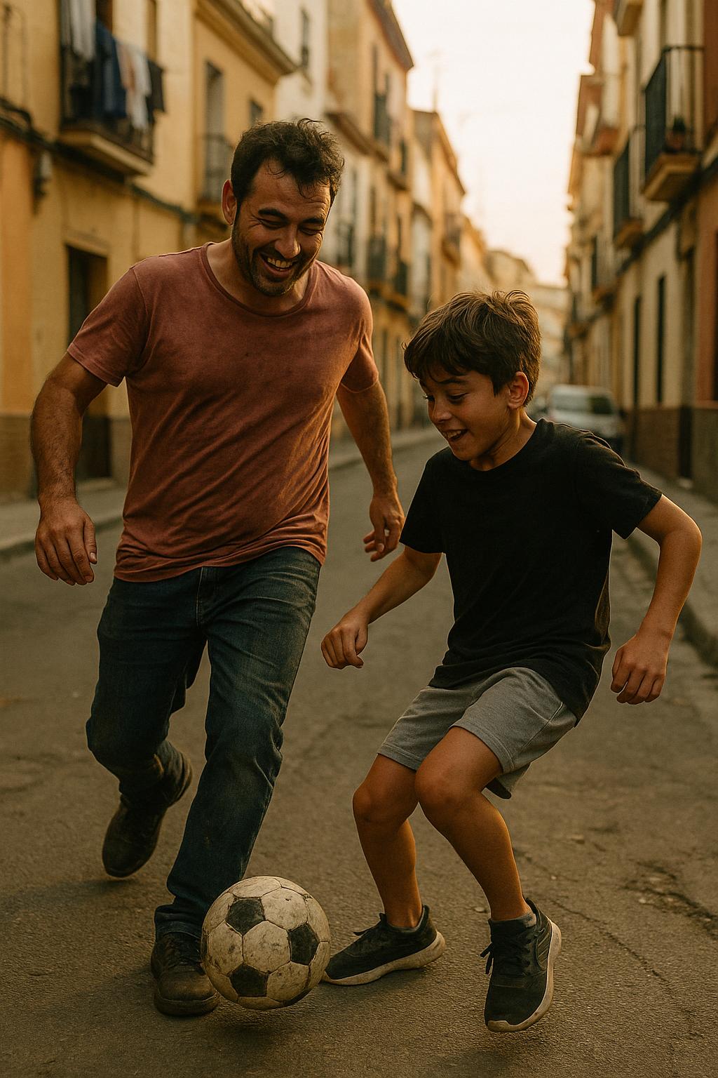 Padre y su hijo jugando al futbol en una calle