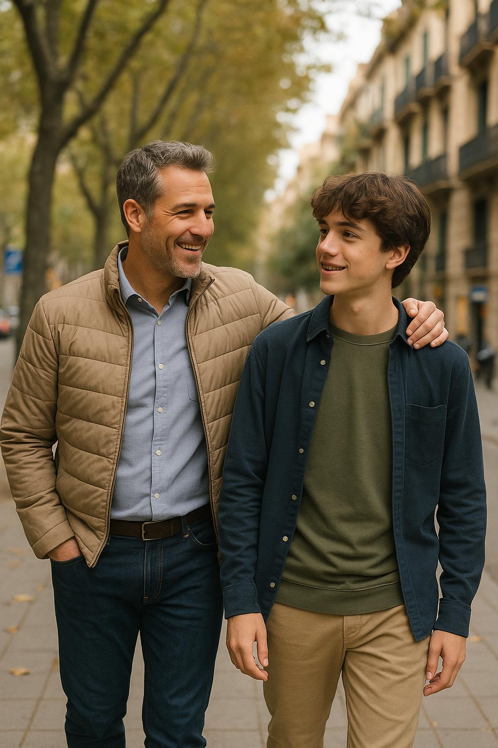 Padre caminando con su hijo adolescente por una avenida de Barcelona