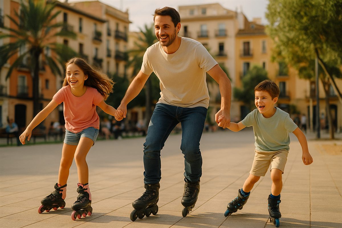 Padre patinando con una niña y un niño en un parque urbano de España