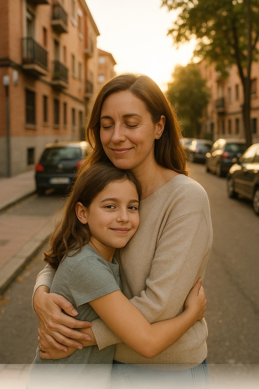 Madre abrazando a su hija en una calle de Madrid