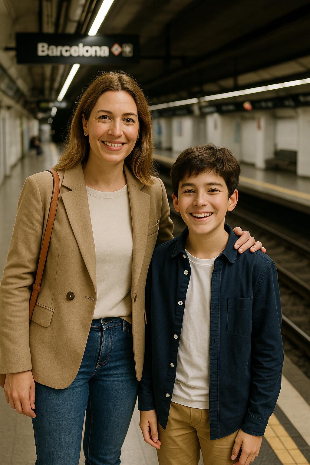 Persona adulta y menor sonriendo en una estación de metro de Barcelona