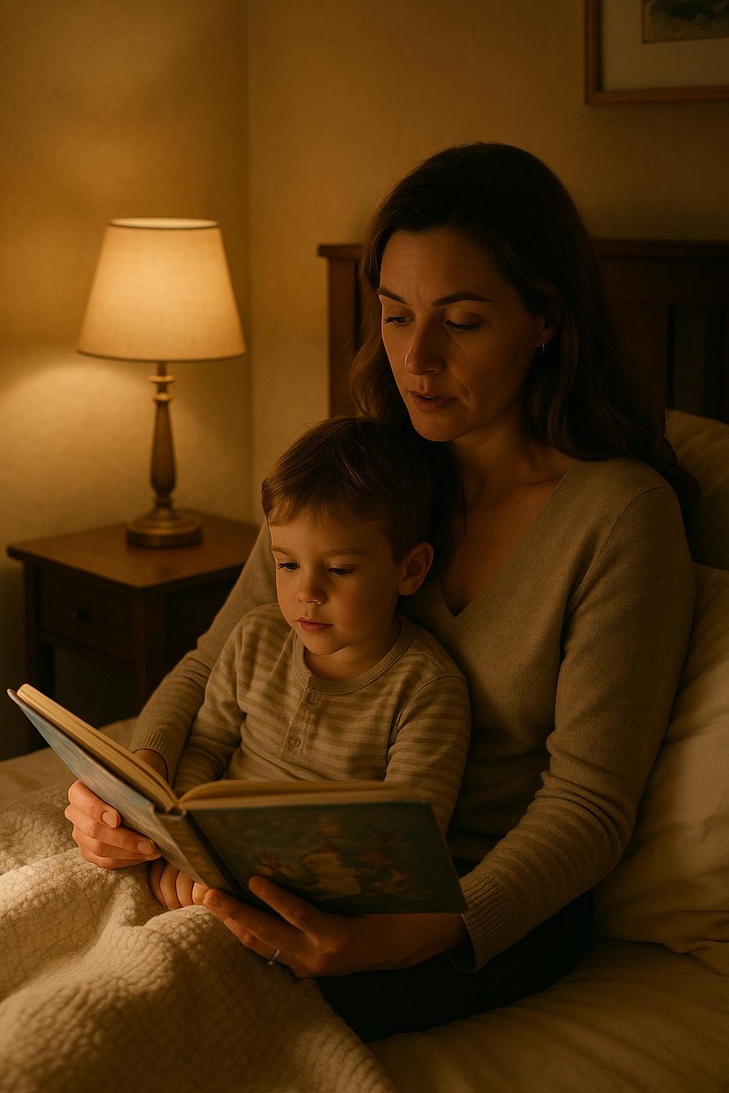 Madre e hijo leyendo un cuento por la noche
