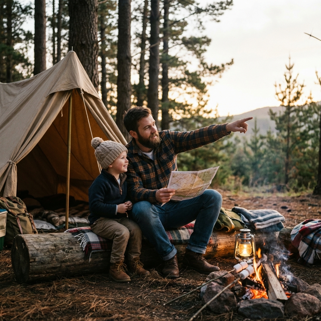 Padre e hijo de camping