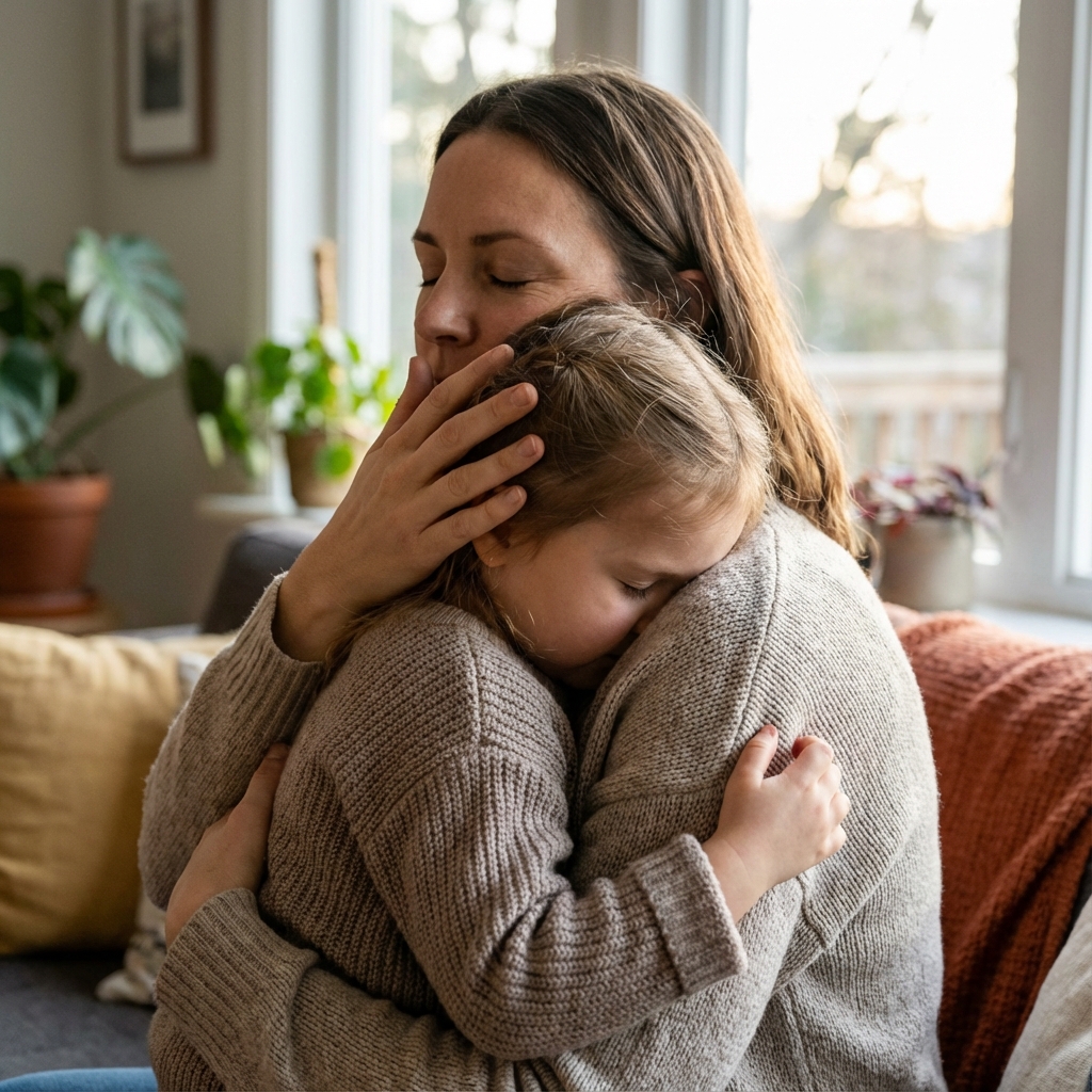 Madre feliz abrazando hija