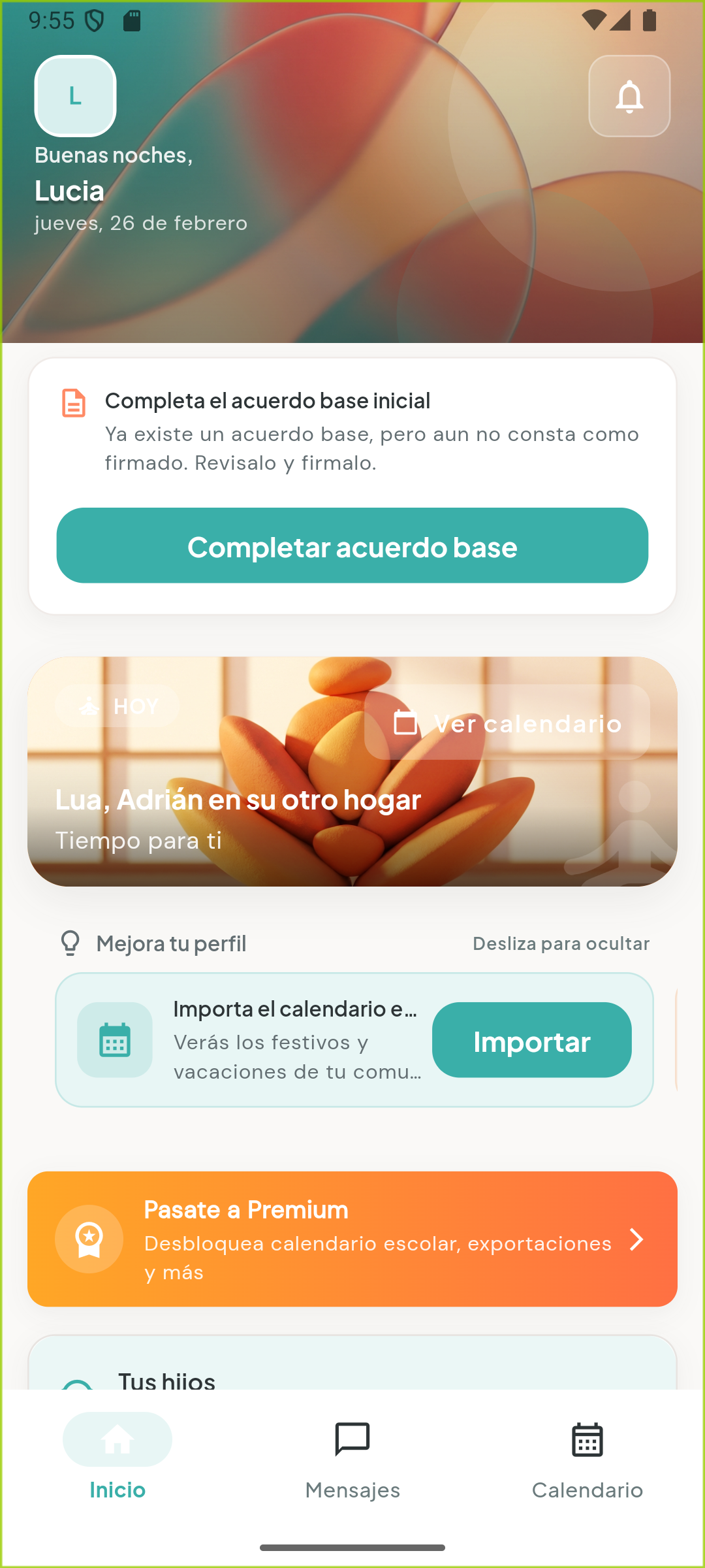 Pantallazo real de inicio familiar en la app