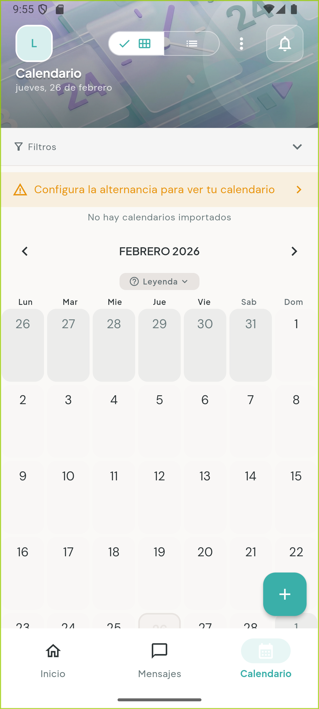 Pantallazo real del calendario en la app