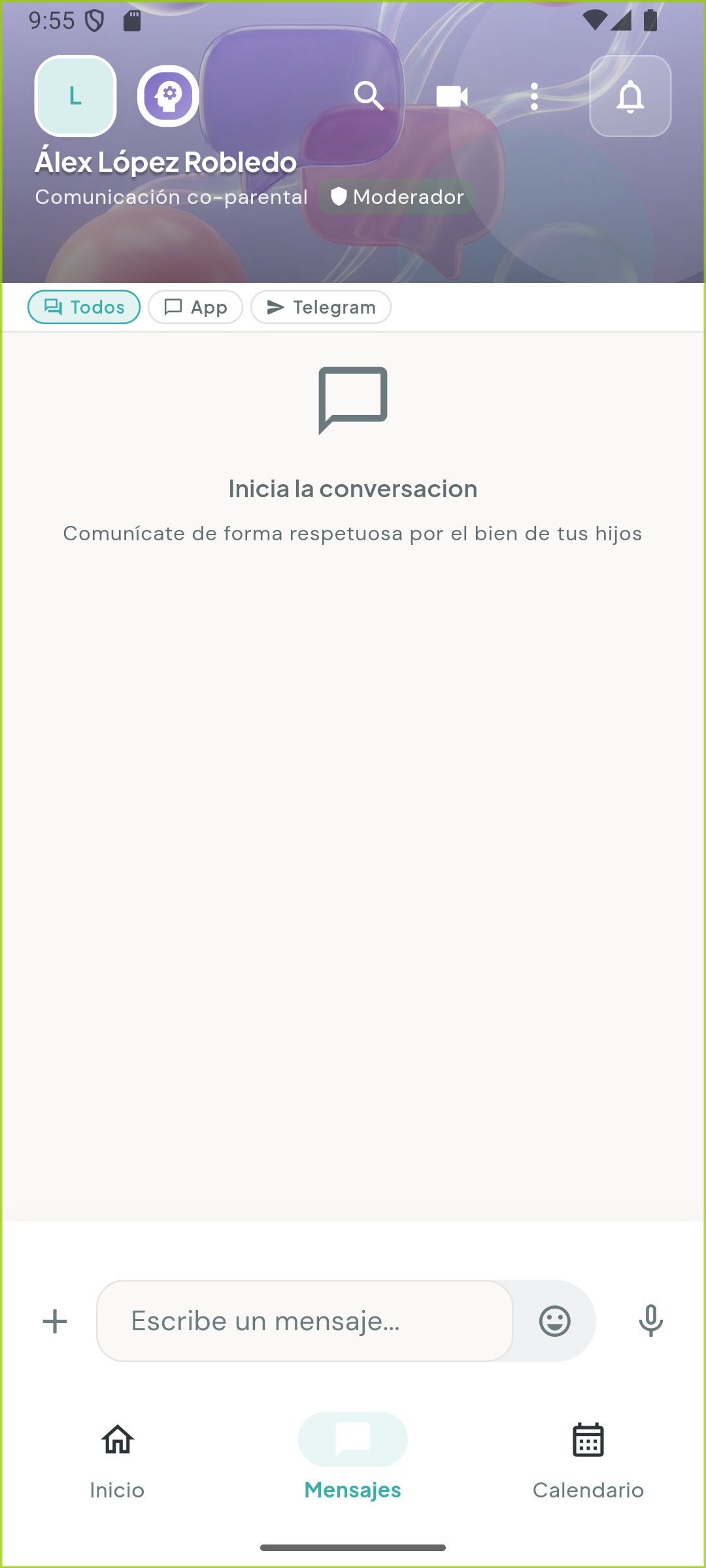 Pantallazo real del chat coparental en la app
