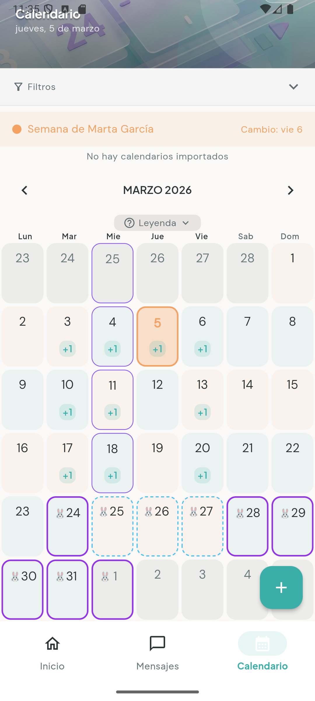 Pantalla real del calendario de custodia en la app