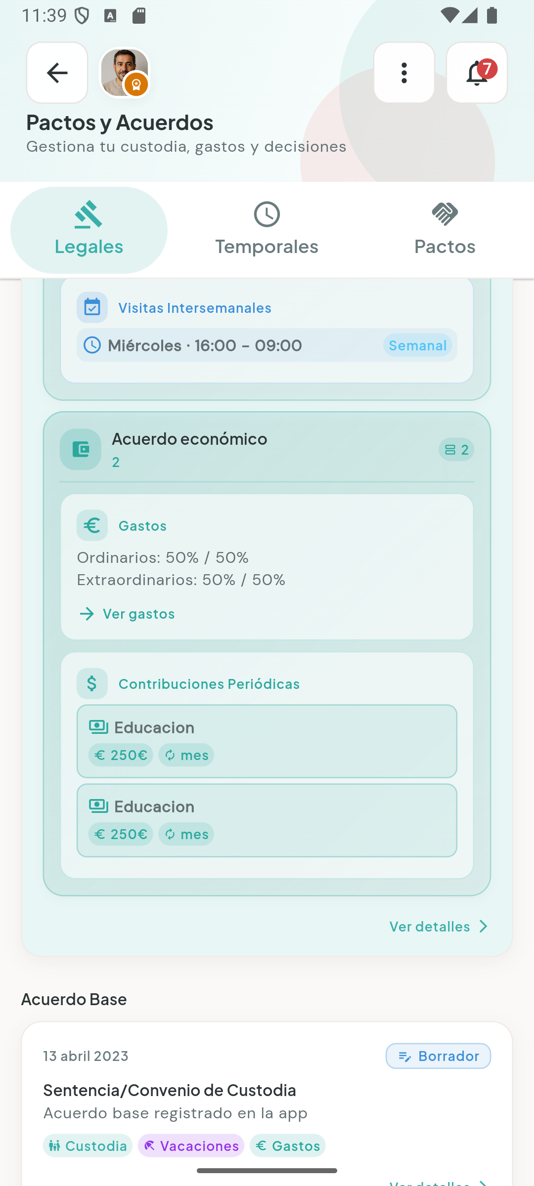 Pantalla real de acuerdos y gastos compartidos