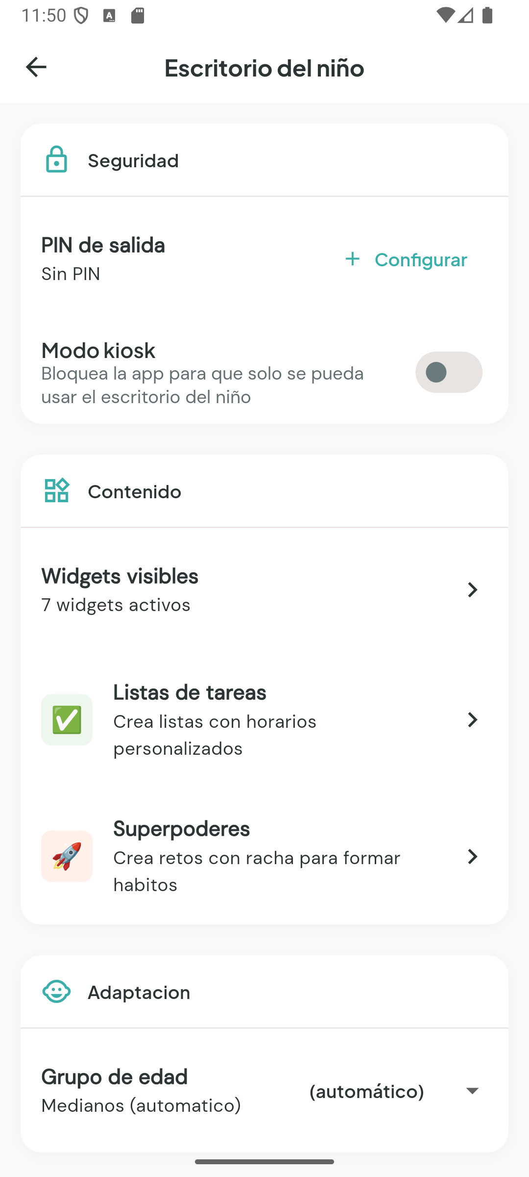 Pantalla real del escritorio infantil con modo kiosk