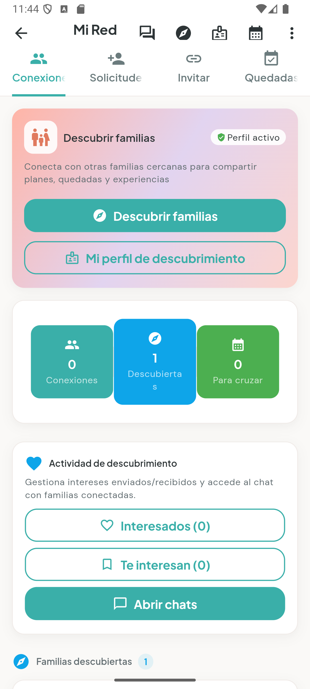 Pantalla real de la red de apoyo y descubrimiento de familias