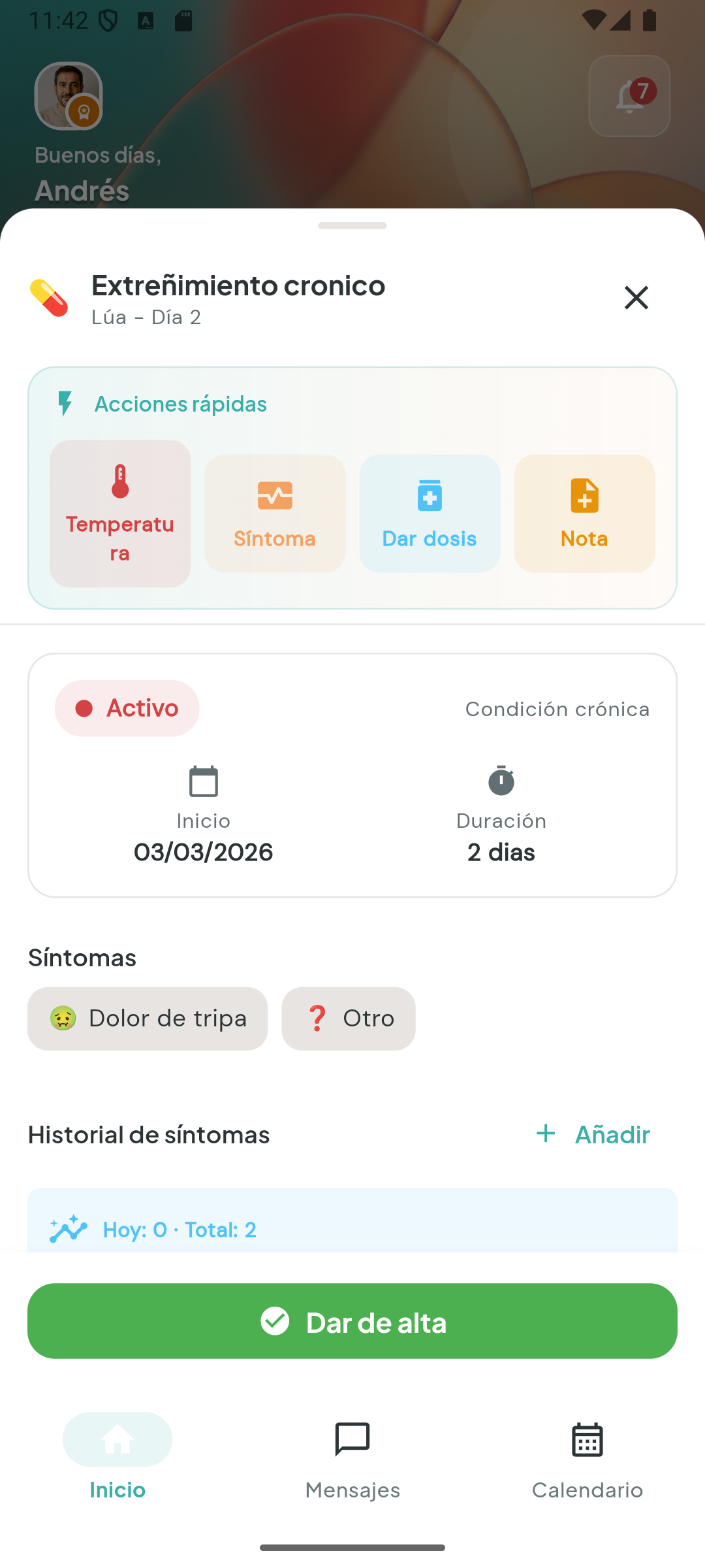 Pantalla real de episodio y seguimiento de salud infantil